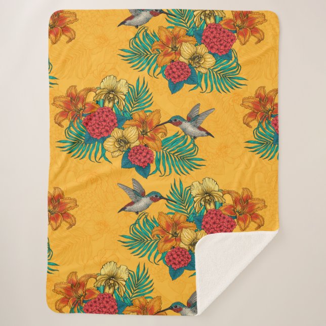 Hummingbirds and tropical bouquet in yellow sherpa blanket (Front)