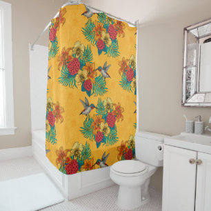 Hummingbirds and tropical bouquet in yellow shower curtain