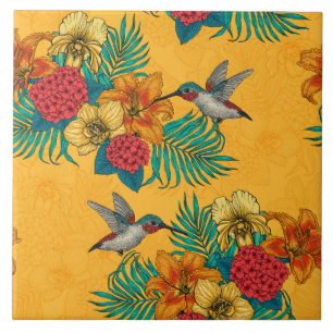 Hummingbirds and tropical bouquet in yellow tile