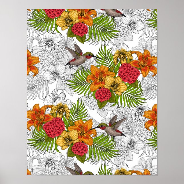 Hummingbirds and tropical bouquet poster (Front)