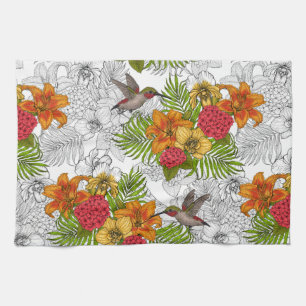 Hummingbirds and tropical bouquet tea towel