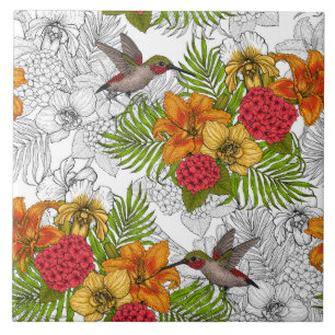Hummingbirds and tropical bouquet tile