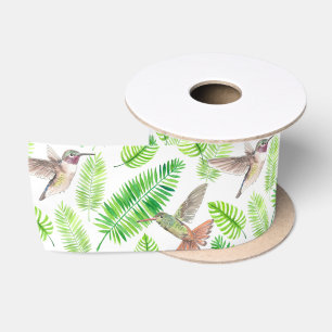 Hummingbirds and tropical leaves satin ribbon