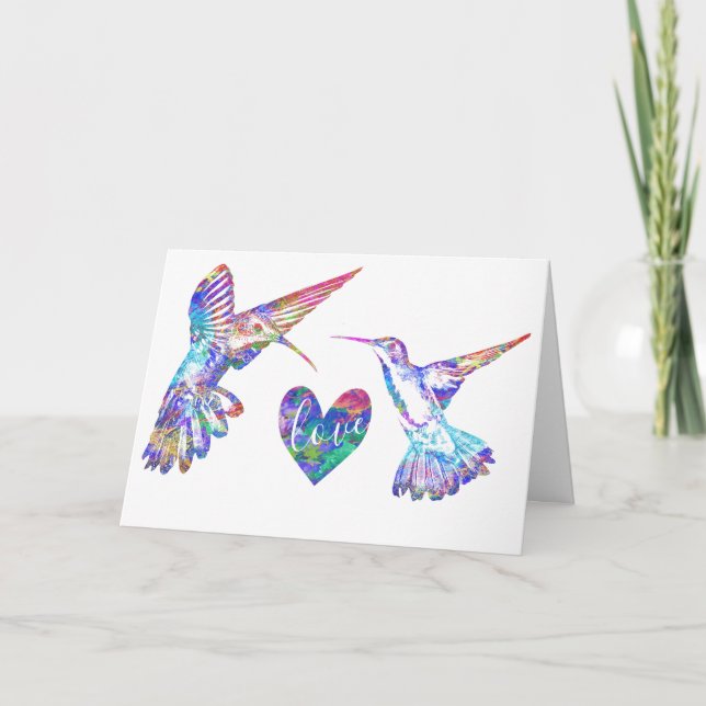 Hummingbirds and Watercolor Love Heart Wedding Card (Front)