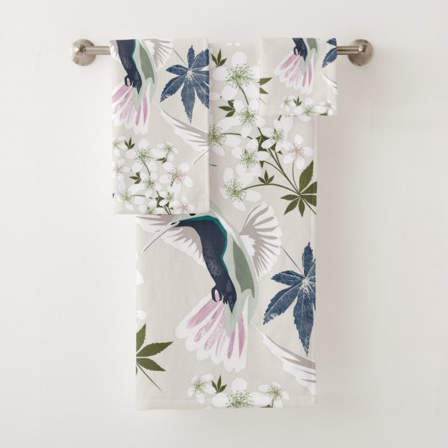 Hummingbirds and white flowers. bath towel set (Insitu)