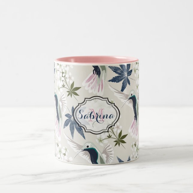 Hummingbirds and white flowers. Two-Tone coffee mug (Center)