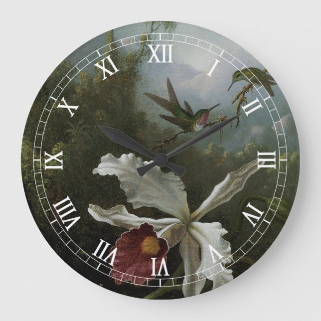 Hummingbirds and White Orchid by Martin J. Heade Large Clock (Front)