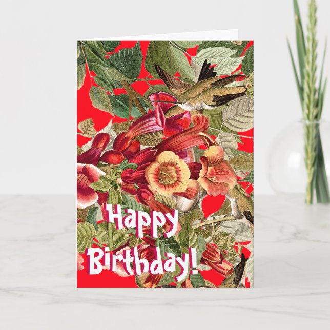 Hummingbirds Audubon Flowers Floral Birthday Card (Front)