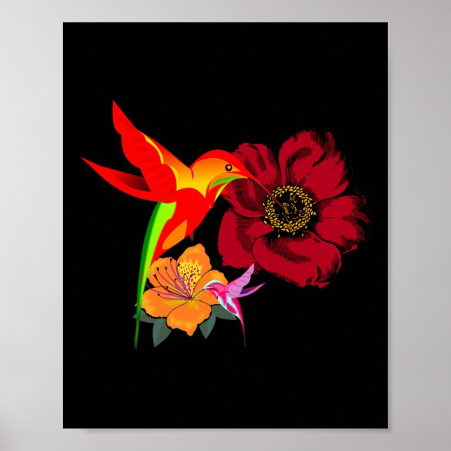 Hummingbirds Feeding From Flowers Graphic Art   Poster (Front)