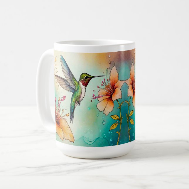 Hummingbirds Flowers Personalise Coffee Mug (Front Left)