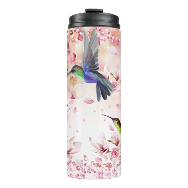 Hummingbirds Flying Among Blossoming Cherry Trees Thermal Tumbler (Front)