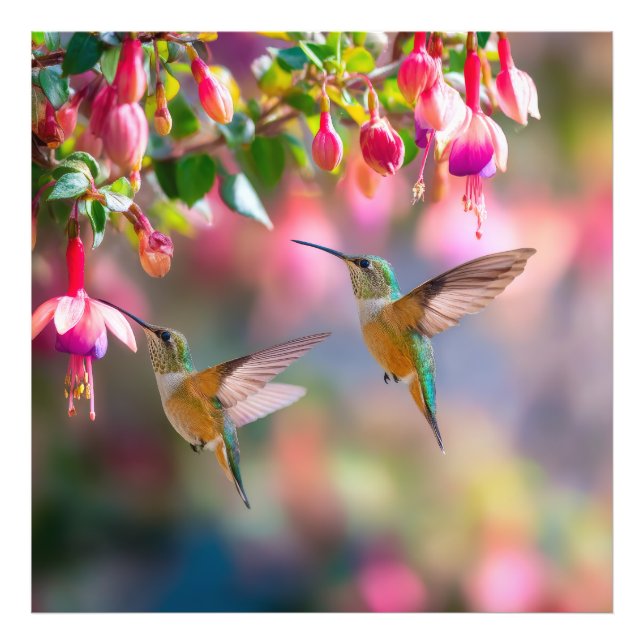 Hummingbirds Fuchsia Flowers Iridescent Dance Photo Print (Front)