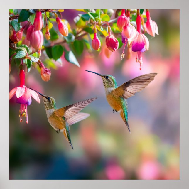 Hummingbirds Fuchsia Flowers Iridescent Dance Poster (Front)