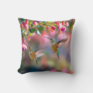 Hummingbirds Fuchsia Flowers Iridescent Glow Cushion