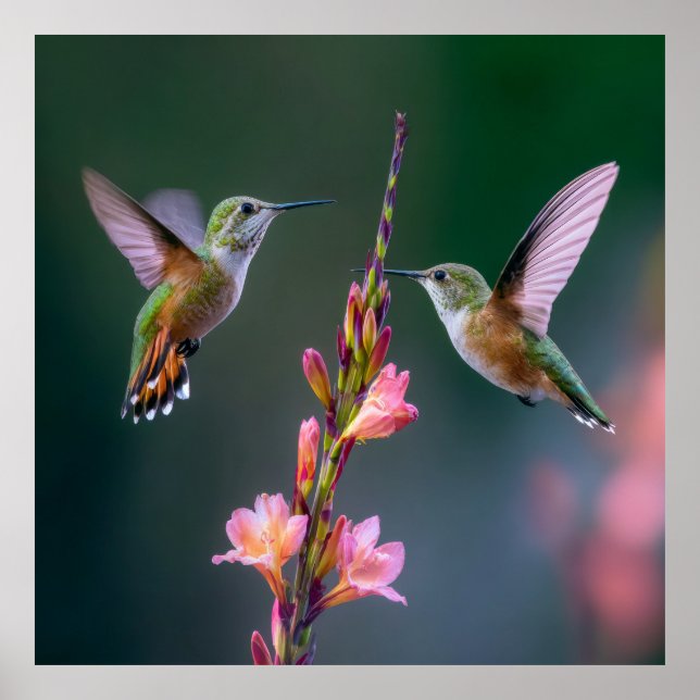 Hummingbirds Gladiolus Flowers Iridescent Pair Poster (Front)