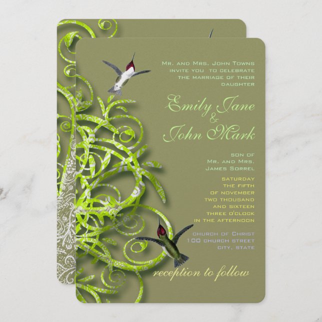 Hummingbirds Golden Lime Tree Wedding Invitation (Front/Back)