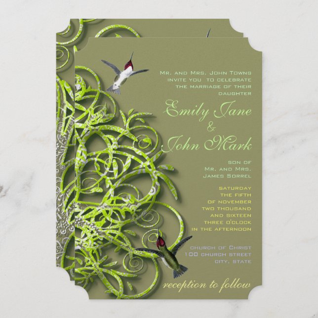 Hummingbirds Golden Lime Tree Wedding Invitations (Front/Back)