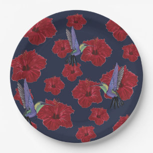 Hummingbirds Hawaii red Flowers Paper Plate