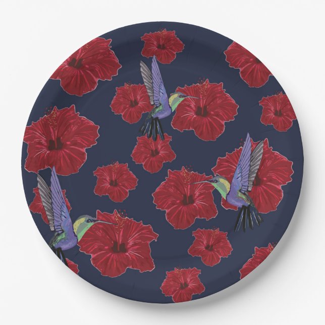 Hummingbirds Hawaii red Flowers Paper Plate (Front)
