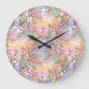 Hummingbirds Hibiscus Waterfall Cheerful Large Clock