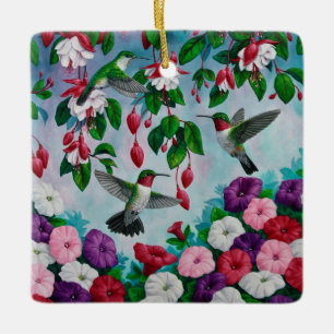 Hummingbirds in Fuchsia Flower Garden Ceramic Tree Decoration