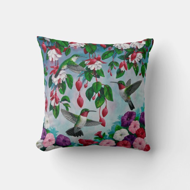 Hummingbirds in Fuchsia Flower Garden Cushion (Front)