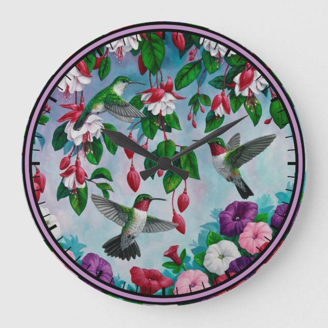 Hummingbirds in Fuchsia Flower Garden Large Clock (Front)