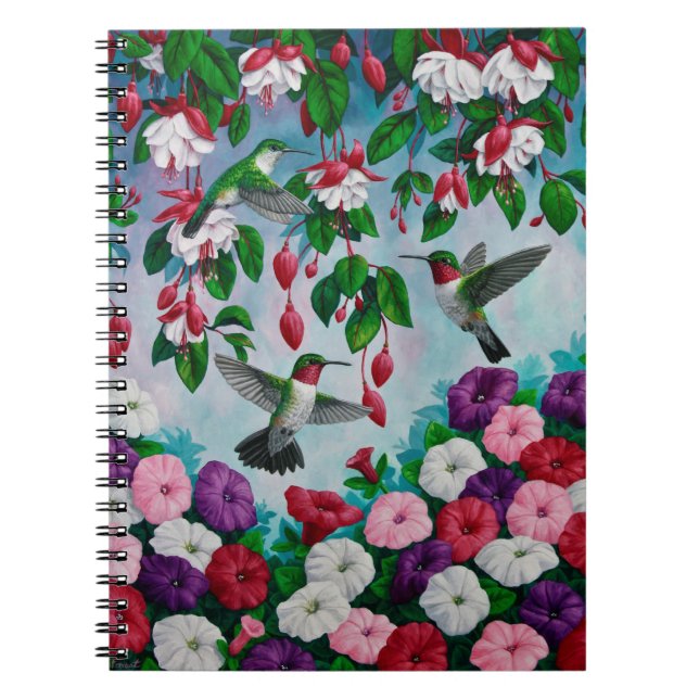 Hummingbirds in Fuchsia Flower Garden Spiral Notebook (Front)