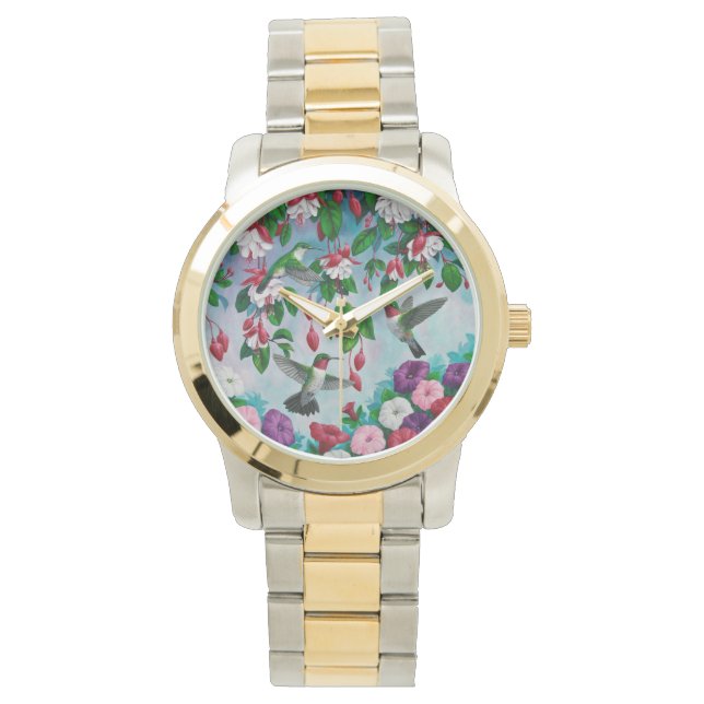 Hummingbirds in Fuchsia Flower Garden Watch (Front)