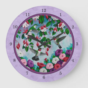 Hummingbirds Pink Fuchsia Flowers Lavender Large Clock