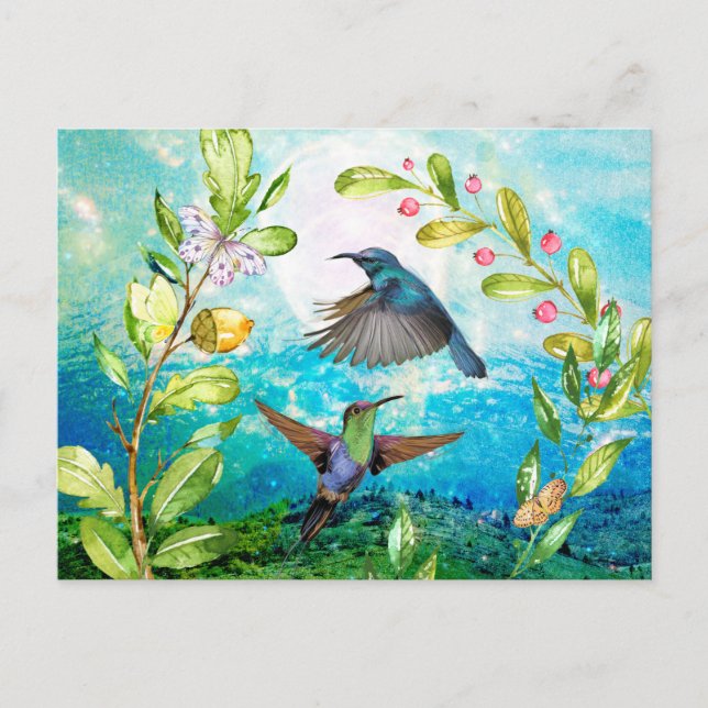 Hummingbirds Scenic Watercolor Nature Art Floral Postcard (Front)