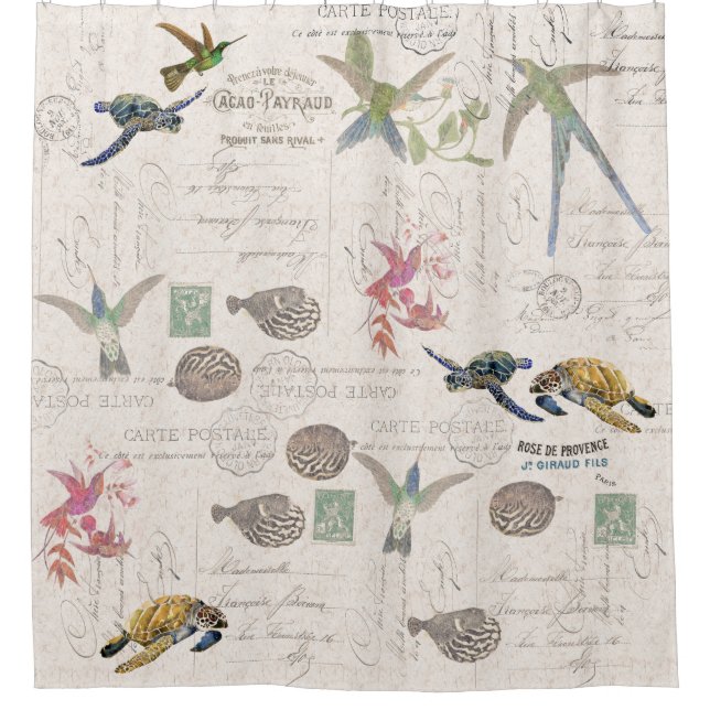 Hummingbirds Sea Turtles Blowfish French Ephemera Shower Curtain (Front)