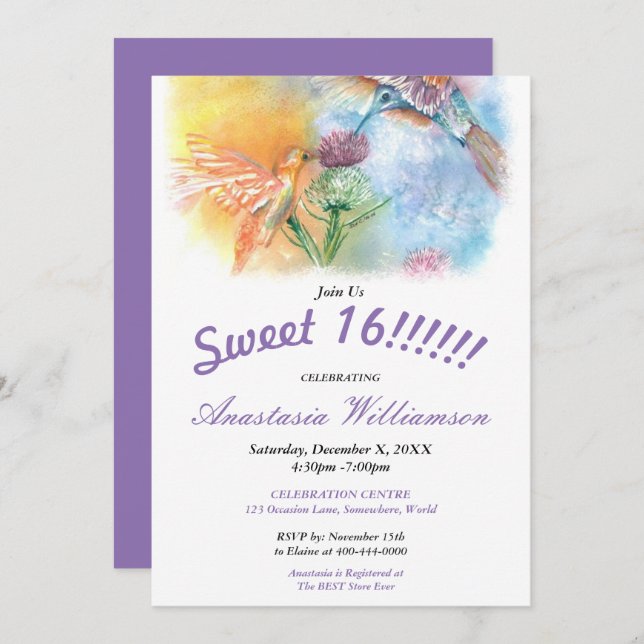 HUMMINGBIRDS SWEET 16! PARTY INVITATION (Front/Back)