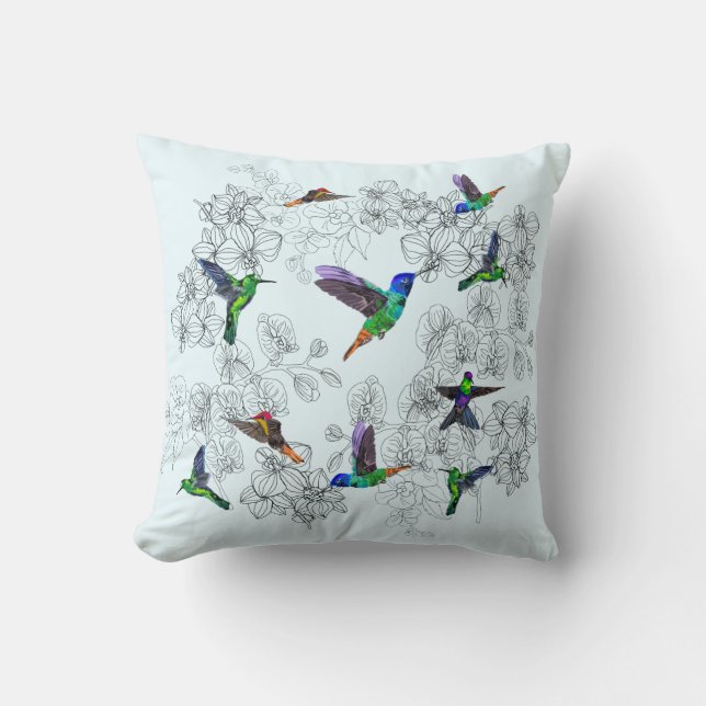 Hummingbirds Throw Pillow Orchid Flowers (Front)