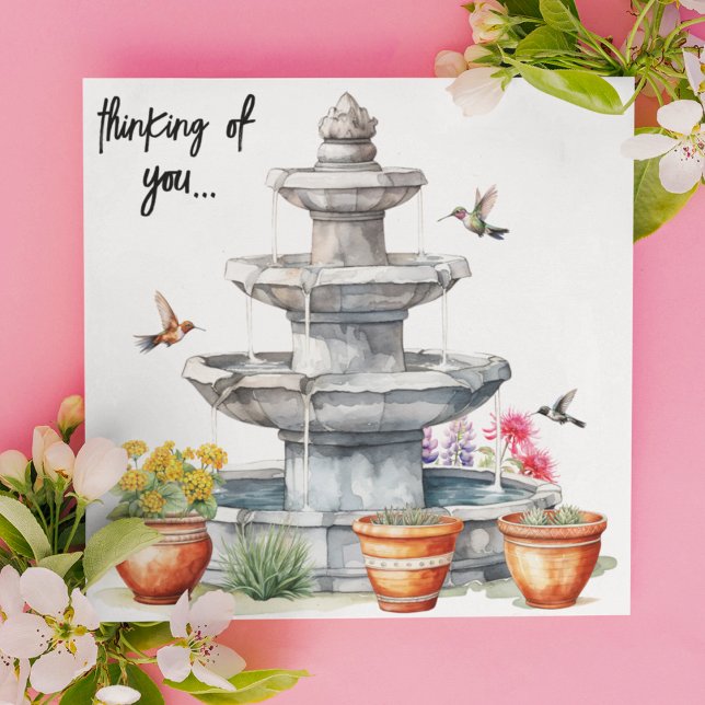 Hummingbirds | Water Fountain | Flowers  Holiday Card (Hummingbirds in flight around a water fountain and potted plants and flowers thinking of you card. )