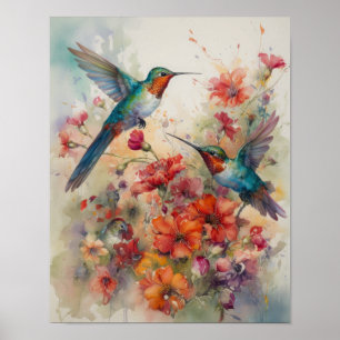 Hummingbirds Watercolor Art Print Poster