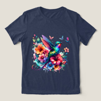 Hummingbirds With Colorful Floral Bouquet T-Shirt Tri-Blend Shirt