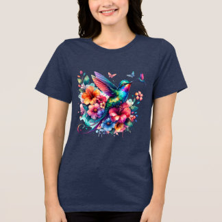 Hummingbirds With Colorful Floral Bouquet T-Shirt Tri-Blend Shirt