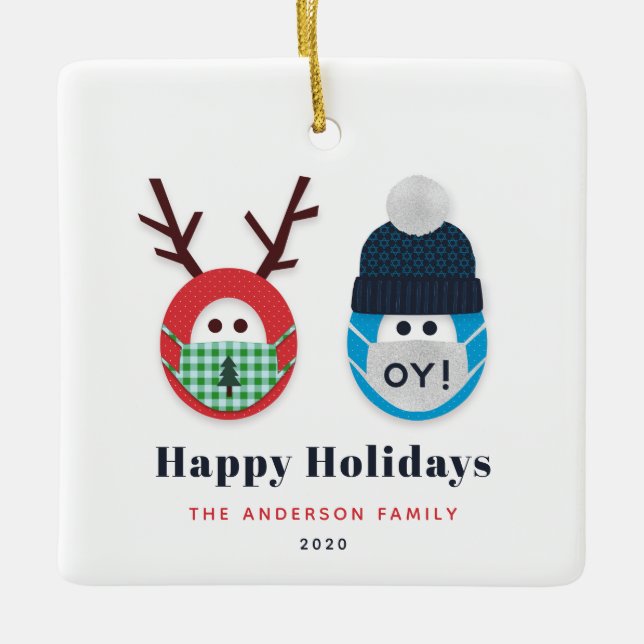 Humorous Masked Christmas and Hanukkah Custom Ceramic Ornament (Front)