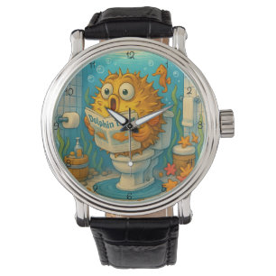 Humorous Pufferfish Reading in an Aquatic-Themed Watch