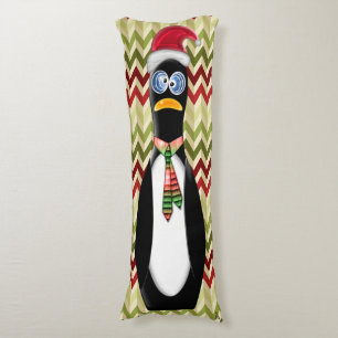 Humorous Santa Penguin on Red and Green Zig Zags Body Cushion