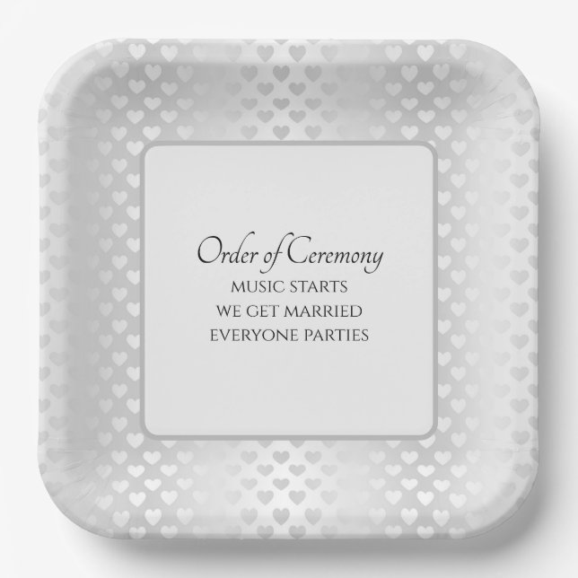 Humorous Wedding Text with Shimmering Hearts Paper Plate (Front)
