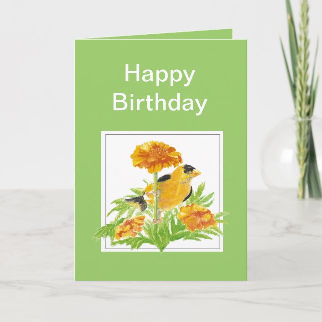 Humour Birthday, Goldfinch & Marigold Card (Front)
