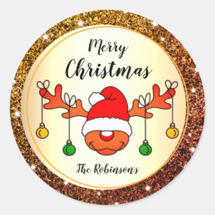 Humour Christmas Funny Cute Reindeer Orange Glitte Classic Round Sticker