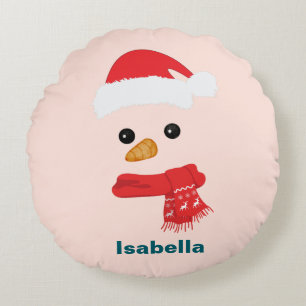 Humour Cute snowman Santa face Holiday party Round Cushion