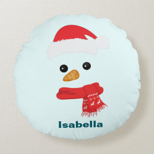 Humour Cute snowman Santa face Holiday party Round Cushion