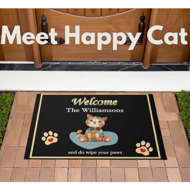 Humour Happy Cat Custom Black Gold Welcome   Doormat (Creator Uploaded)