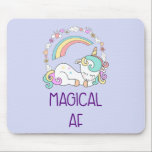 Humour - Magical AF. Unicorn, Rainbow & Cute Stuff Mouse Pad<br><div class="desc">A mousepad with a cute and funny design. A white uncorn with pastel coloured mane and tail and 3 little stars on her back. A colourful rainbow overhead. Surrounded by a circular wreath made up of clouds, hearts and flowers for additional girly flair. The text says Magical AF. Humourous and...</div>