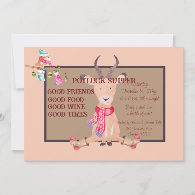 Humourous Antelope Christmas Potluck Supper Invitation (Front)