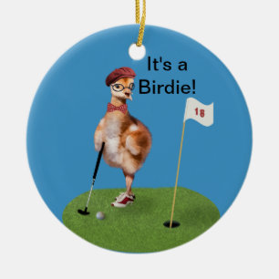 Humourous Bird Playing Golf, Customisable Text Ceramic Tree Decoration